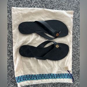 Tory Burch Black Flip Flop Sandals with Gold Logo Accent